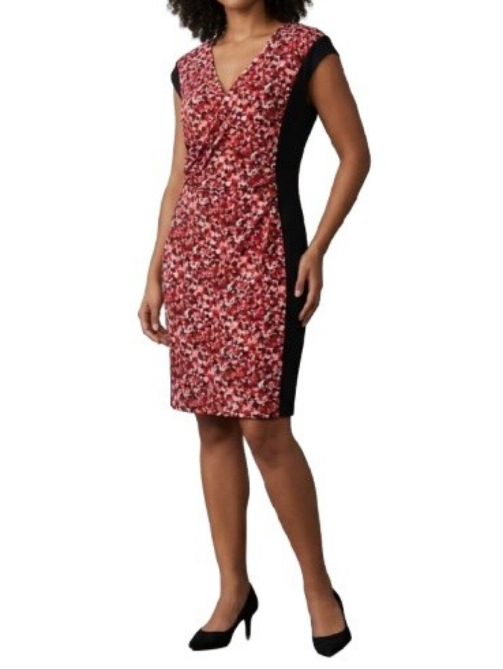 Escada Red Abstract Print Sheath Dress Black Side Panels V-Neck Classic